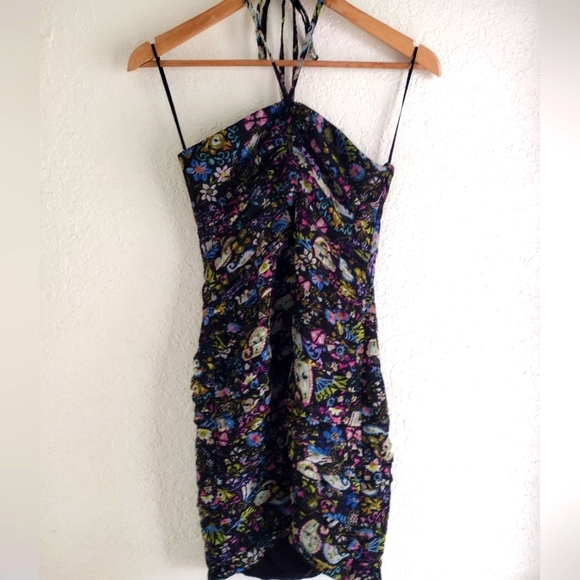 ZARA black paisley ruched body con halter mini dress - Picture 4 of 11